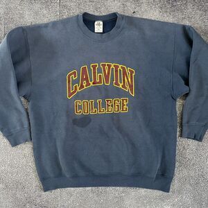 Men's Vintage 90s Calvin College Navy Blue Red Yellow Crewneck Sweatshirt Sz 2XL